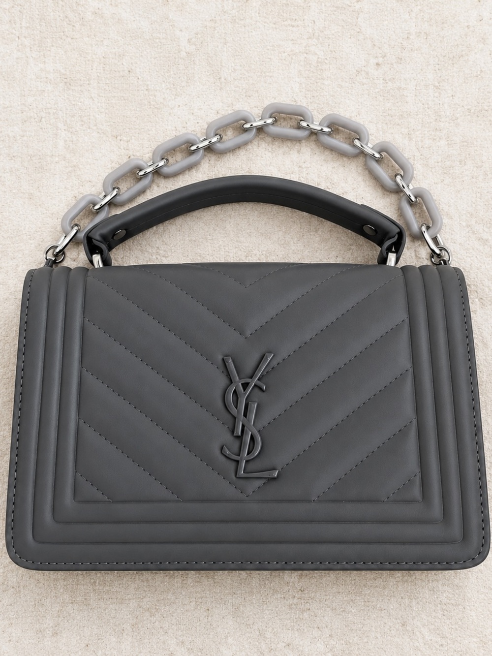 Gray Quilted Leather Satchel with Chain Handle